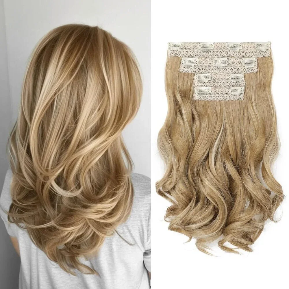 Clip in Hair Extensions Synthetic 14in Curly Blonde Highlights Natural